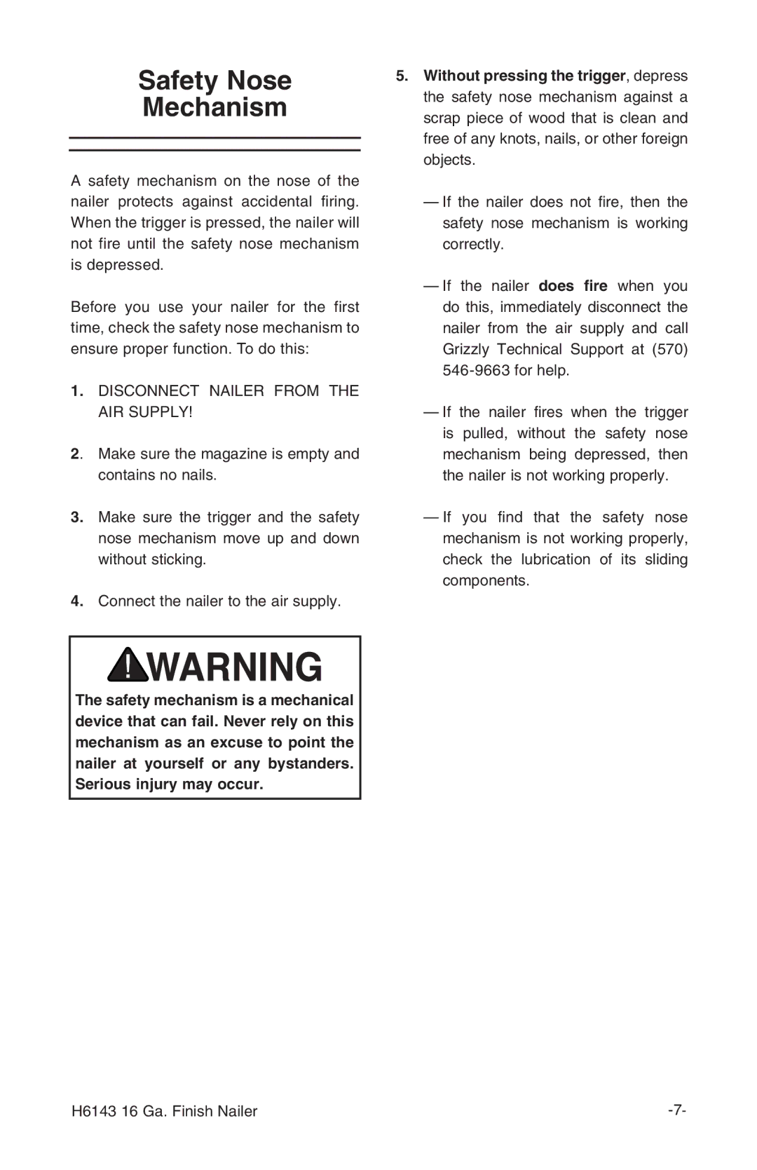 Grizzly H6143 instruction manual Safety Nose Mechanism, Disconnect Nailer from the AIR Supply 