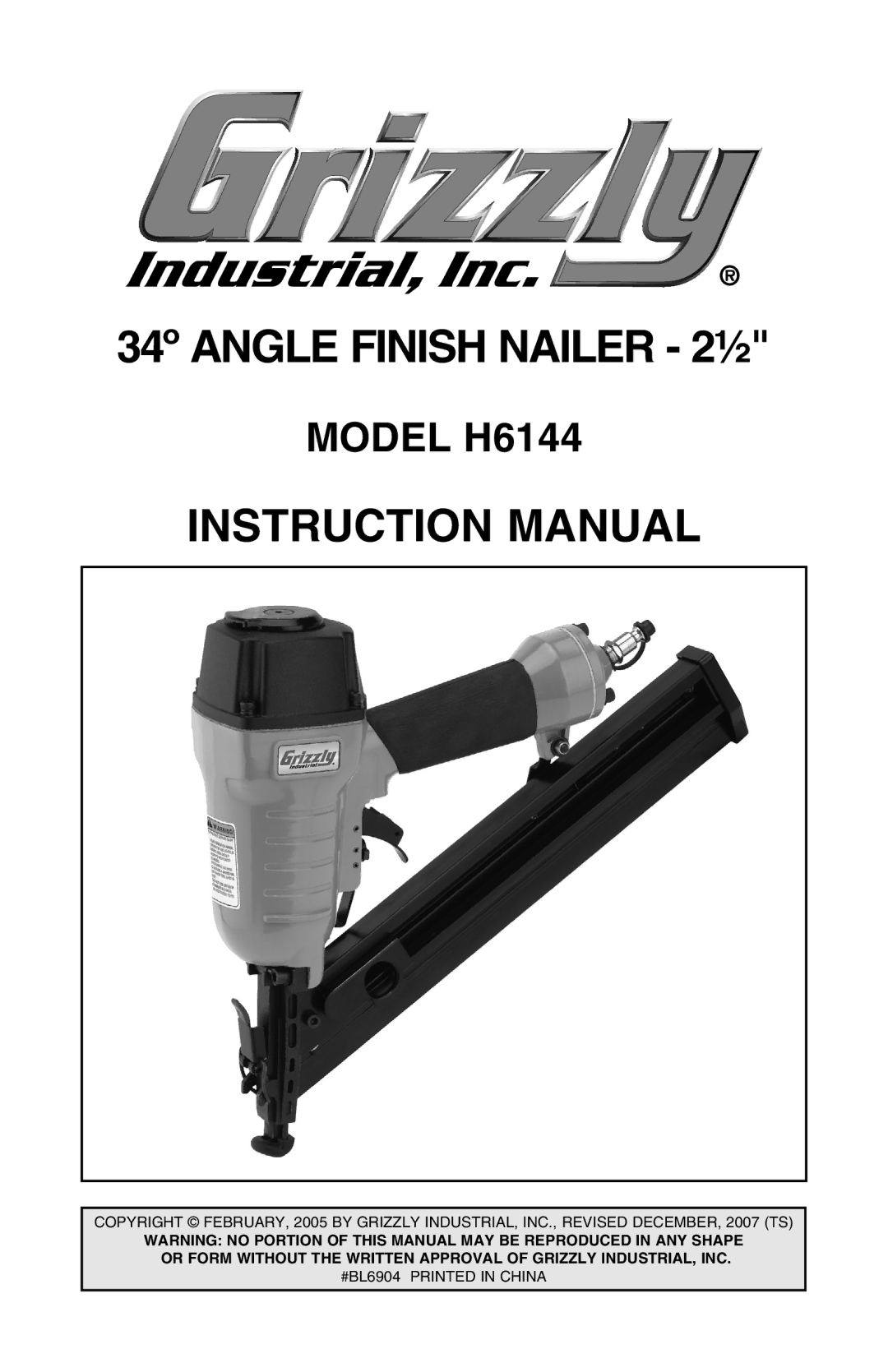 Grizzly H6144 instruction manual 34º Angle Finish Nailer 2½ 