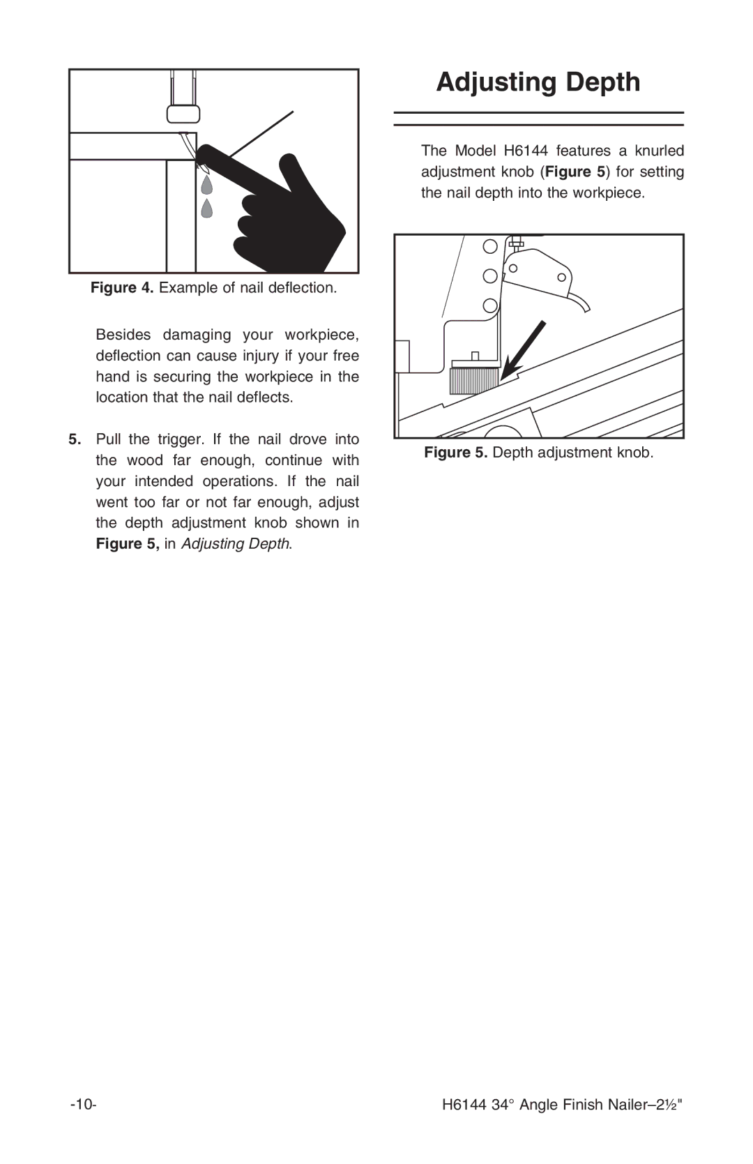 Grizzly instruction manual Adjusting Depth, Depth adjustment knob H6144 34 Angle Finish Nailer-2½ 