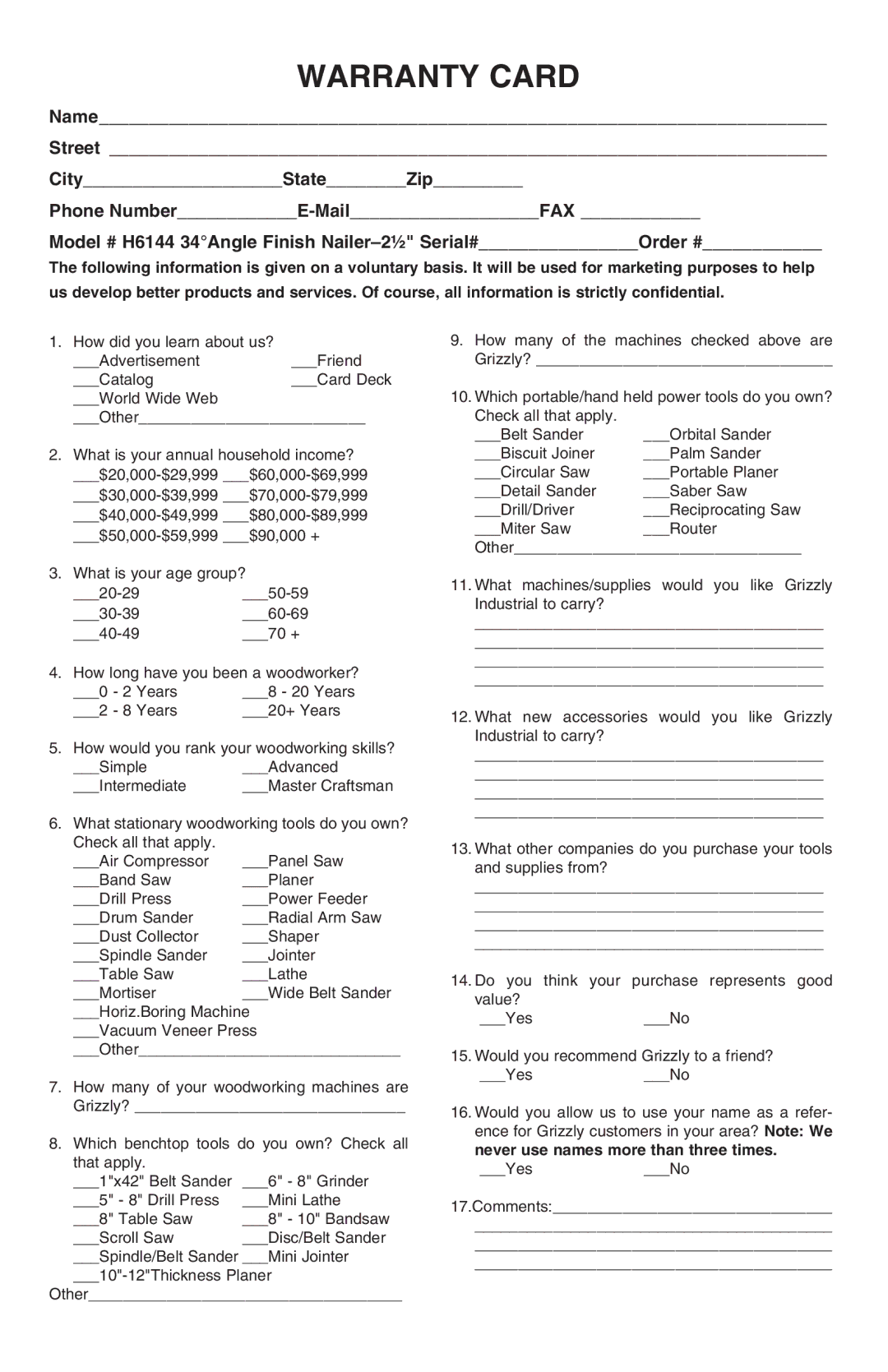 Grizzly H6144 instruction manual Warranty Card 