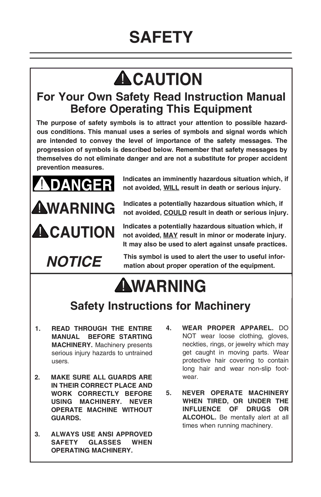 Grizzly H6144 instruction manual Before Operating This Equipment, Safety Instructions for Machinery 