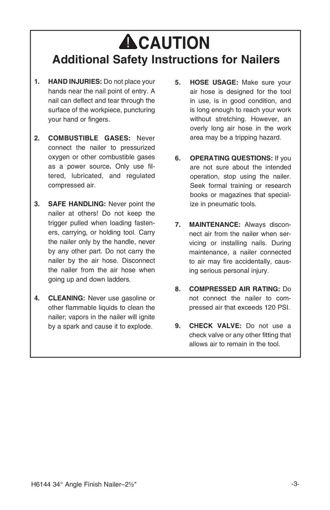 Grizzly H6144 instruction manual Additional Safety Instructions for Nailers 