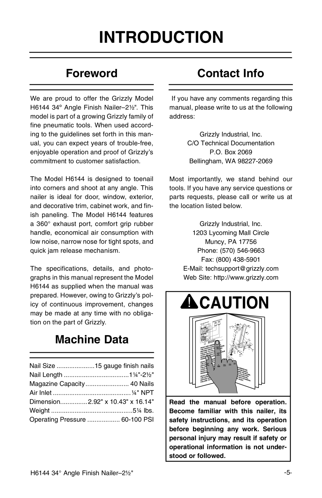 Grizzly H6144 instruction manual Introduction, Foreword Contact Info, Machine Data 