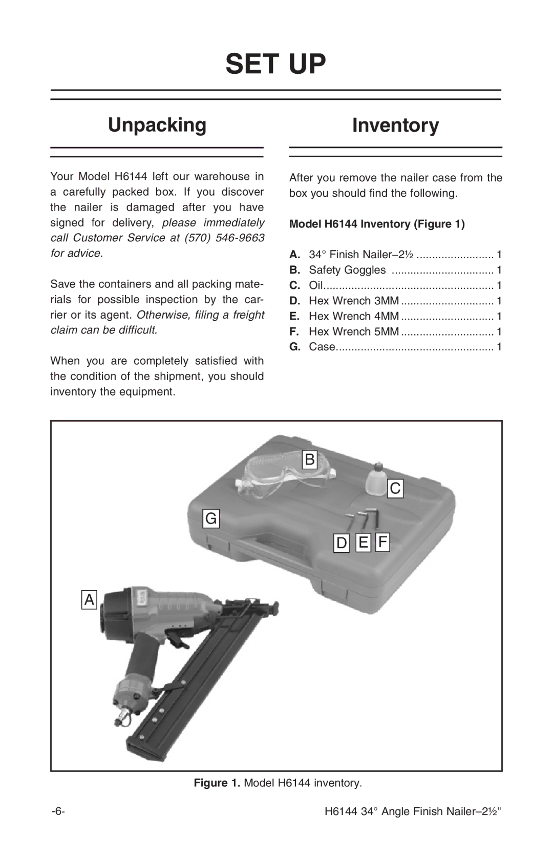 Grizzly H6144 instruction manual Set Up, UnpackingInventory 