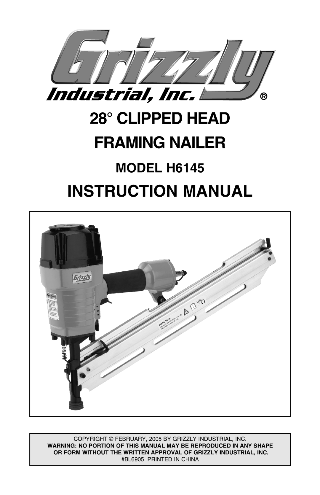 Grizzly H6145 instruction manual Clipped Head Framing Nailer 