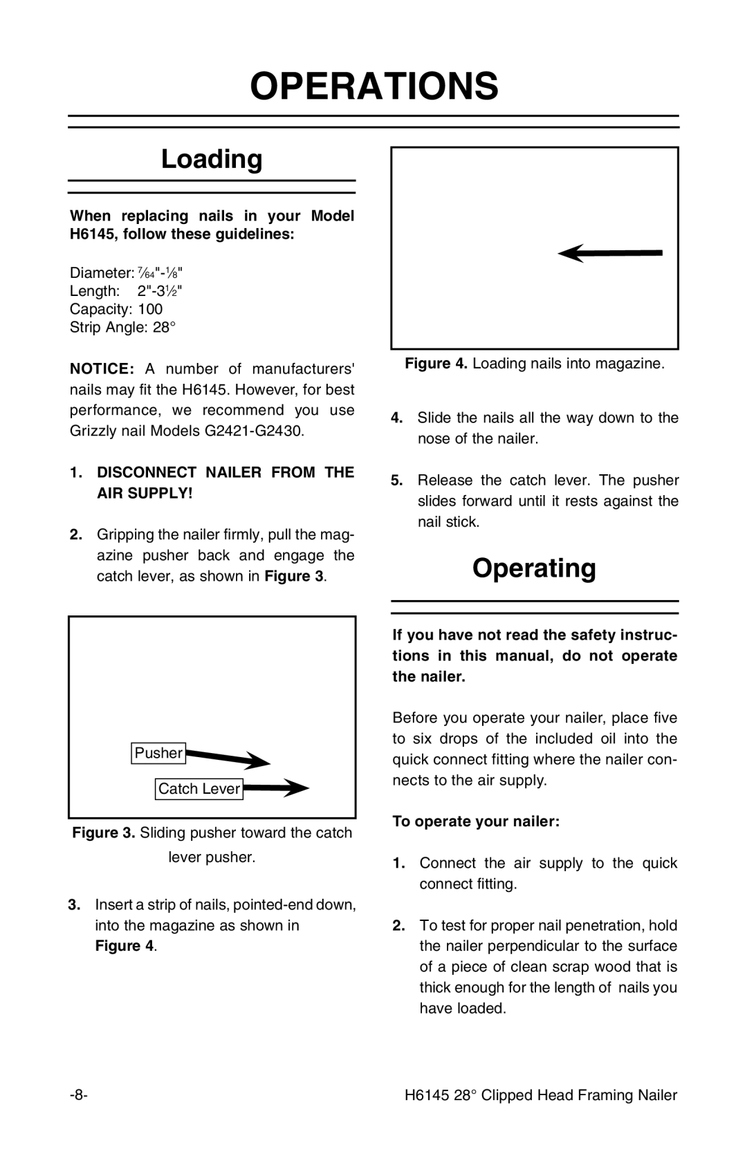 Grizzly H6145 instruction manual Operations, Loading, Operating 