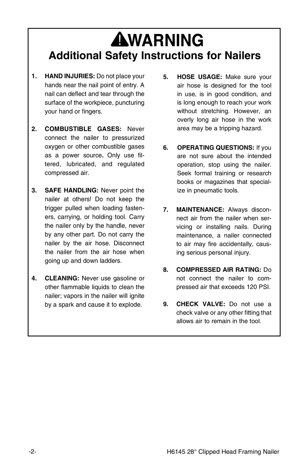 Grizzly H6145 instruction manual Additional Safety Instructions for Nailers 