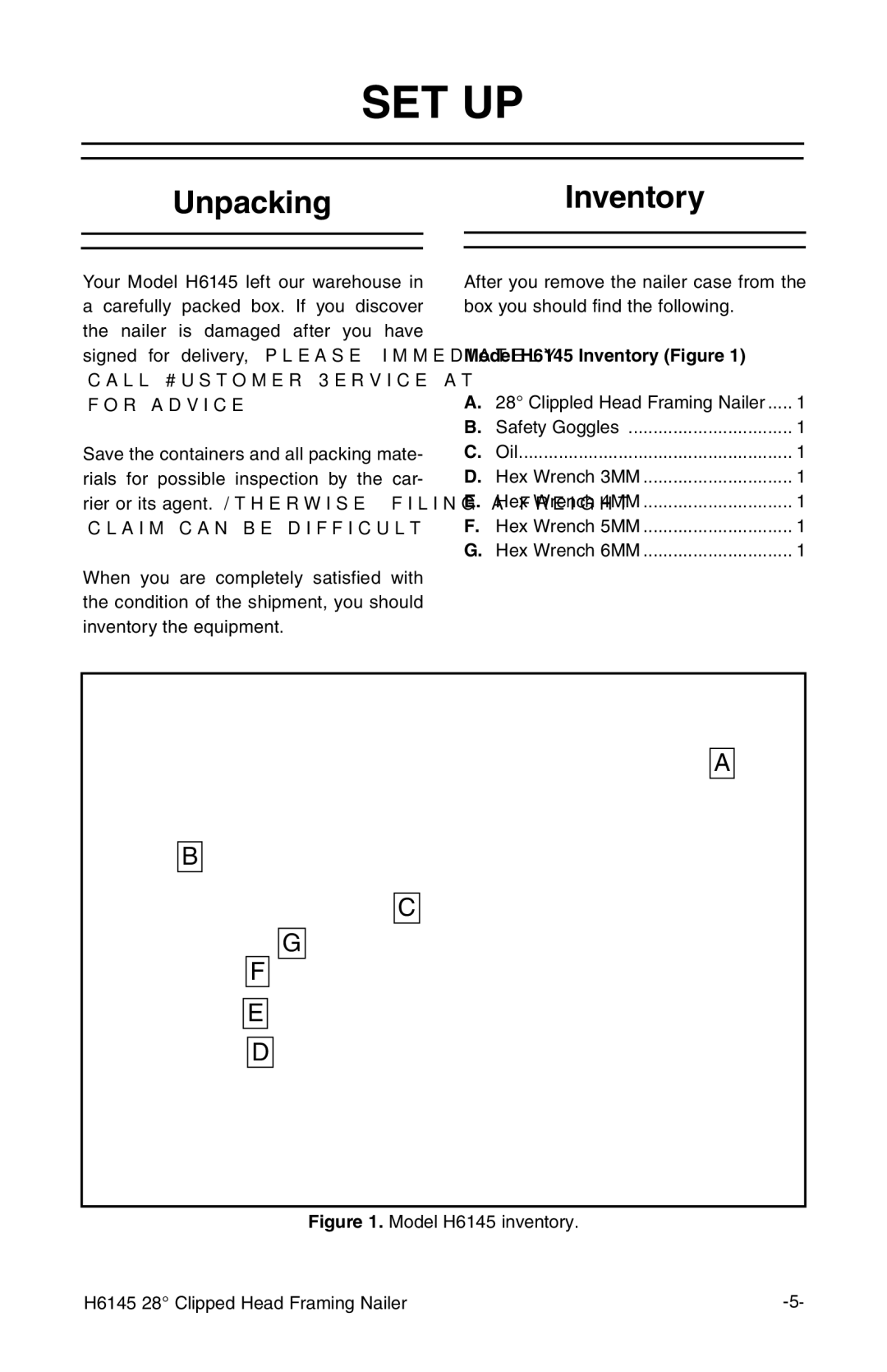 Grizzly H6145 instruction manual Set Up, UnpackingInventory 