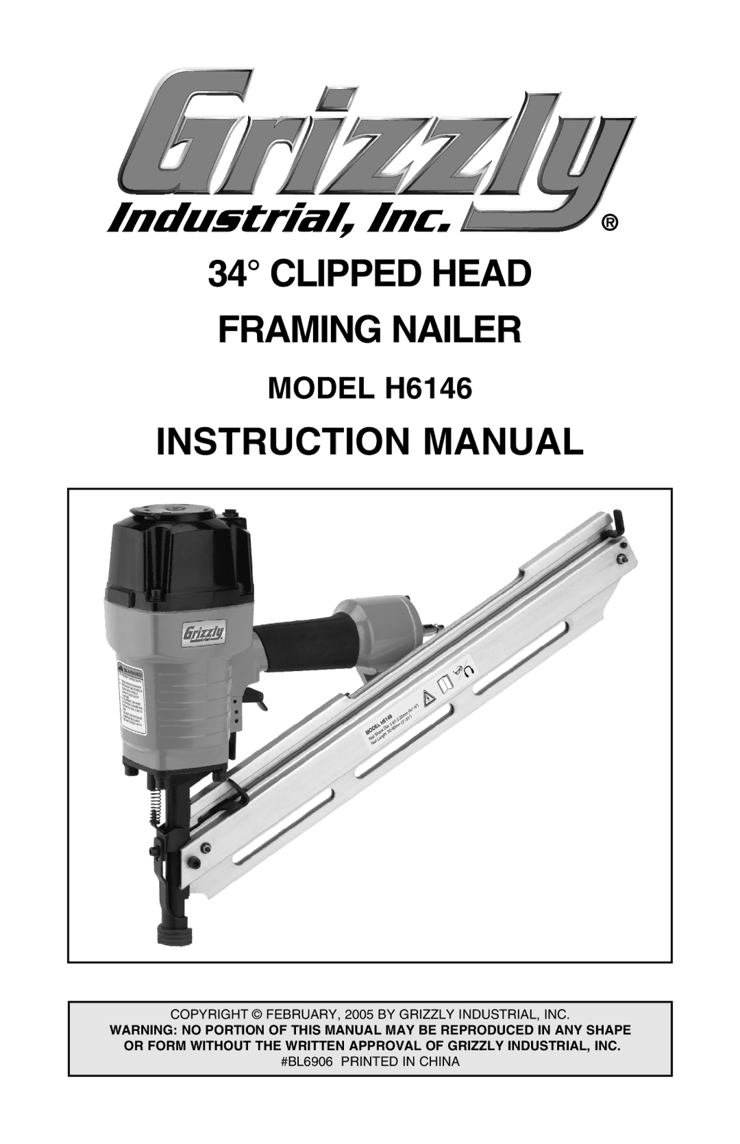 Grizzly H6146 instruction manual Clipped Head Framing Nailer 