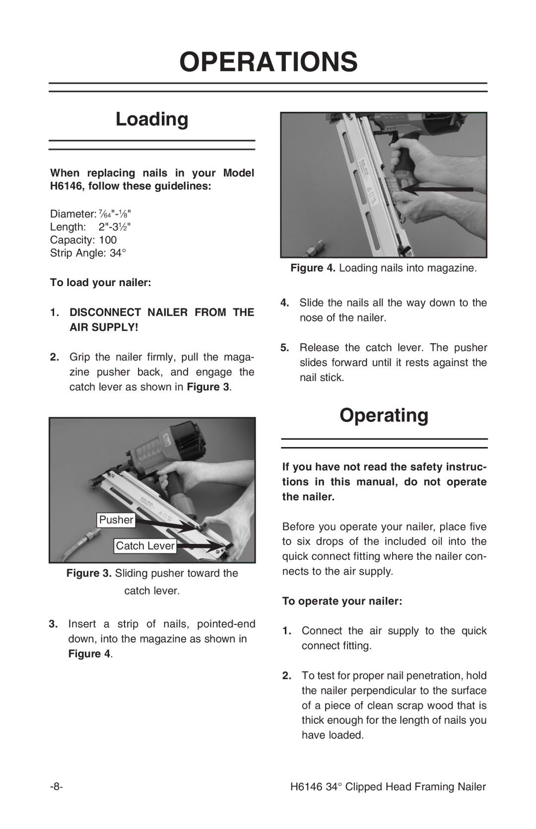 Grizzly H6146 instruction manual Operations, Loading, Operating 