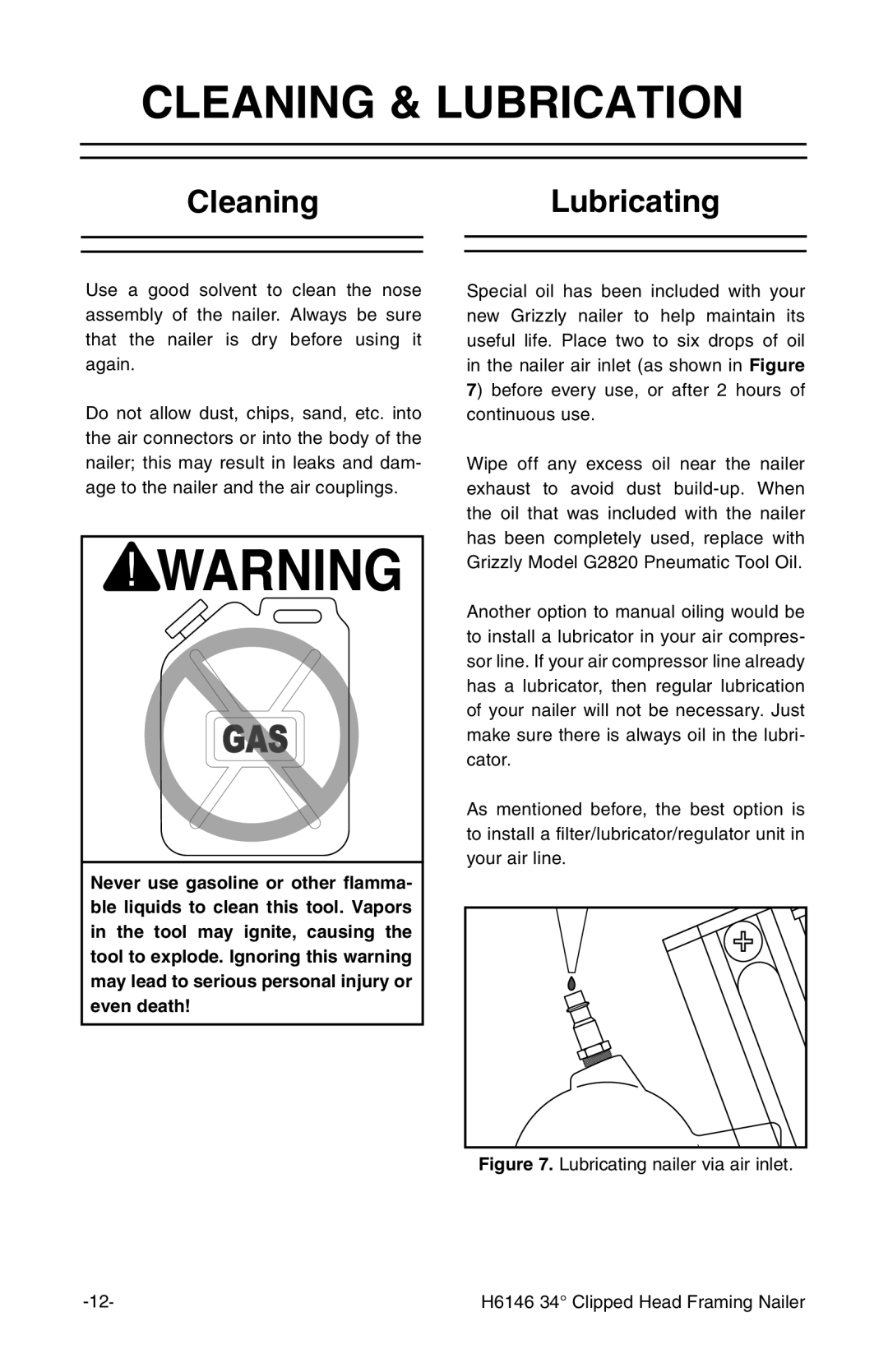 Grizzly H6146 instruction manual Cleaning & Lubrication, CleaningLubricating 