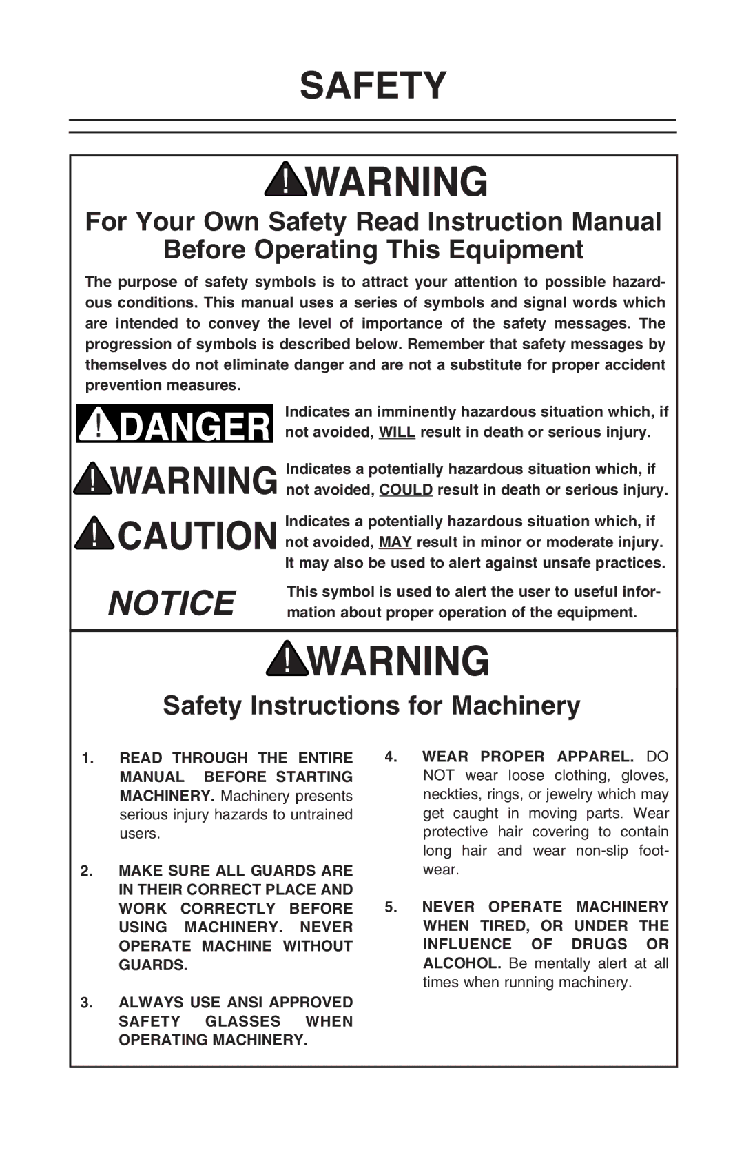 Grizzly H6146 instruction manual Before Operating This Equipment, Safety Instructions for Machinery 