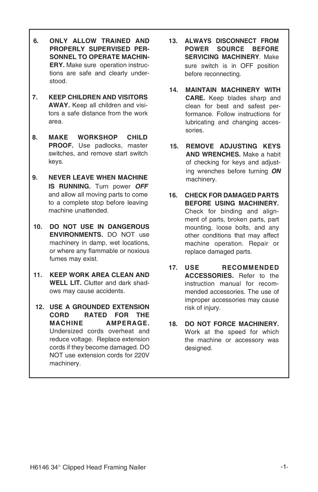 Grizzly H6146 instruction manual USE a Grounded Extension Cord Rated for 