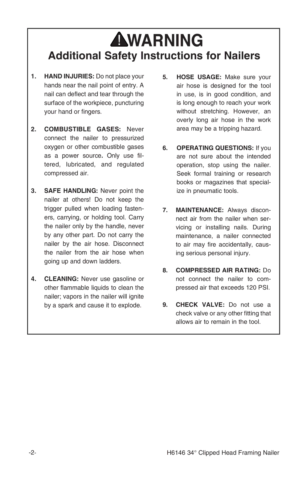 Grizzly H6146 instruction manual Additional Safety Instructions for Nailers 