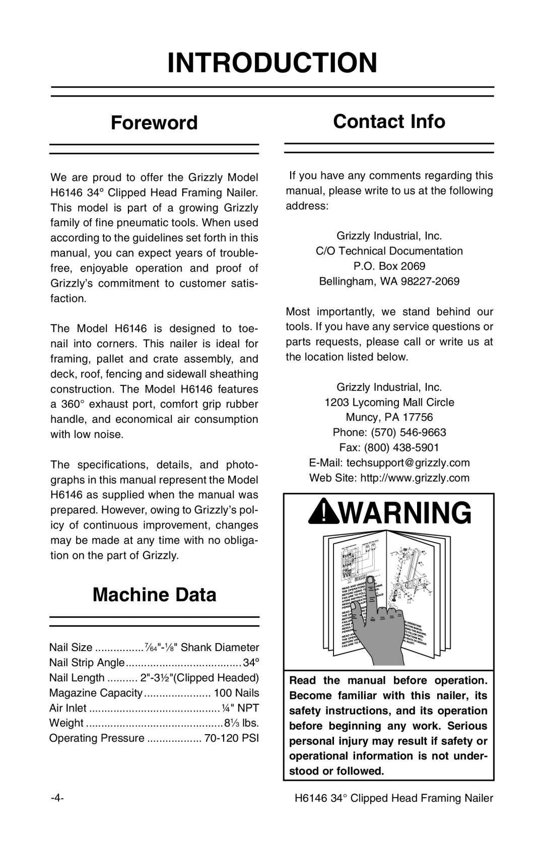 Grizzly H6146 instruction manual Introduction, Foreword Contact Info, Machine Data 