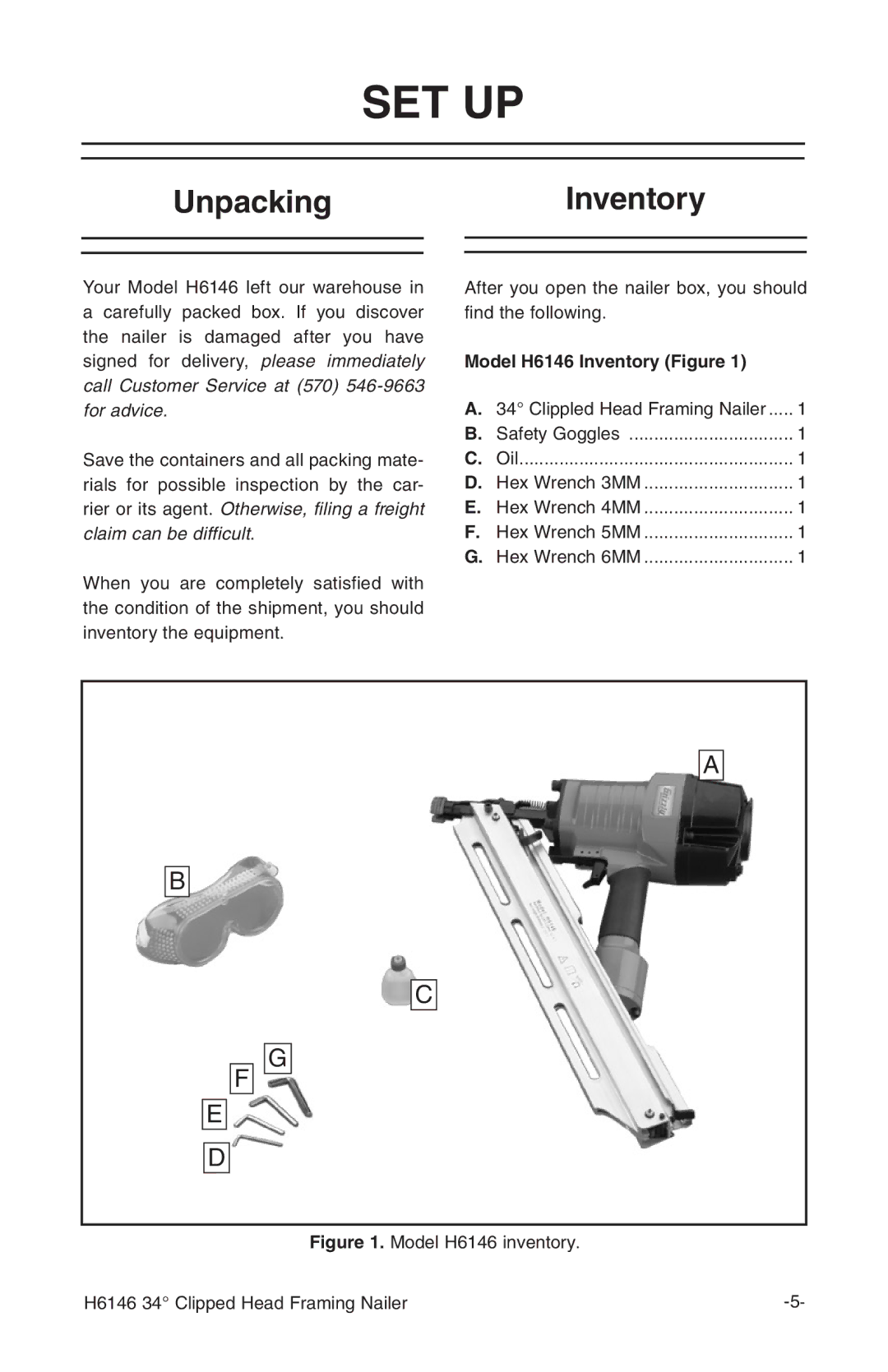 Grizzly H6146 instruction manual Set Up, UnpackingInventory 