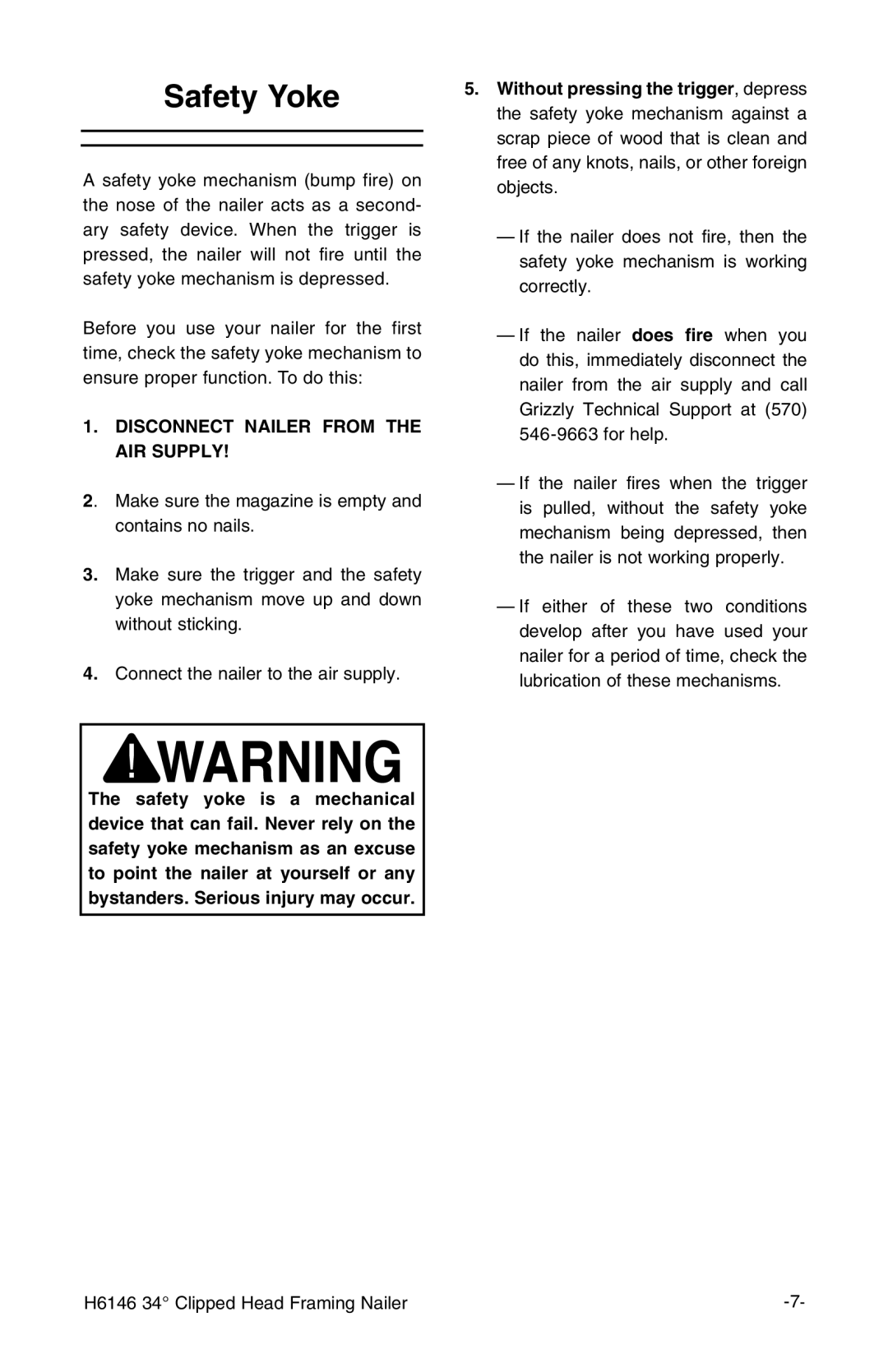 Grizzly H6146 instruction manual Safety Yoke, Disconnect Nailer from the AIR Supply 