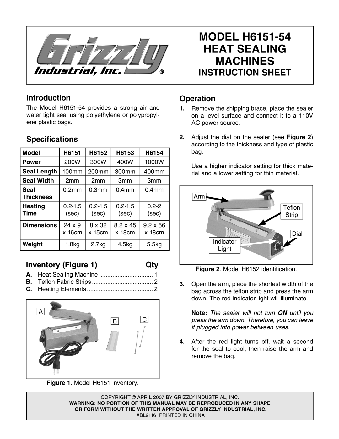 Grizzly H6151-54 specifications Introduction Operation, Specifications, Inventory Figure Qty 