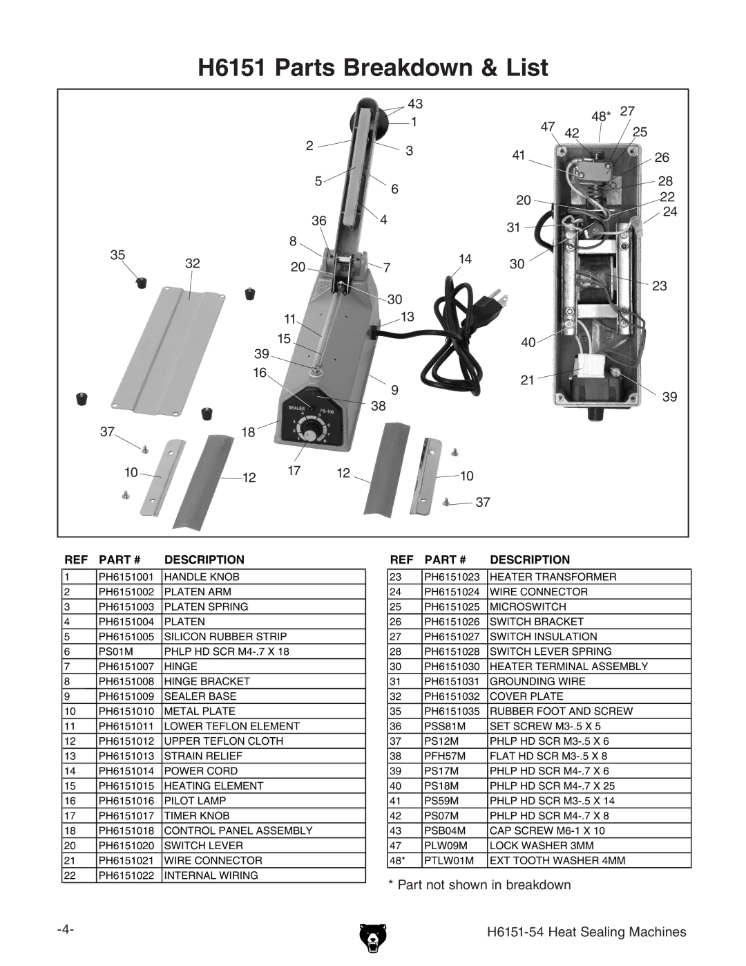 Grizzly H6151-54 specifications H6151 Parts Breakdown & List, Description 