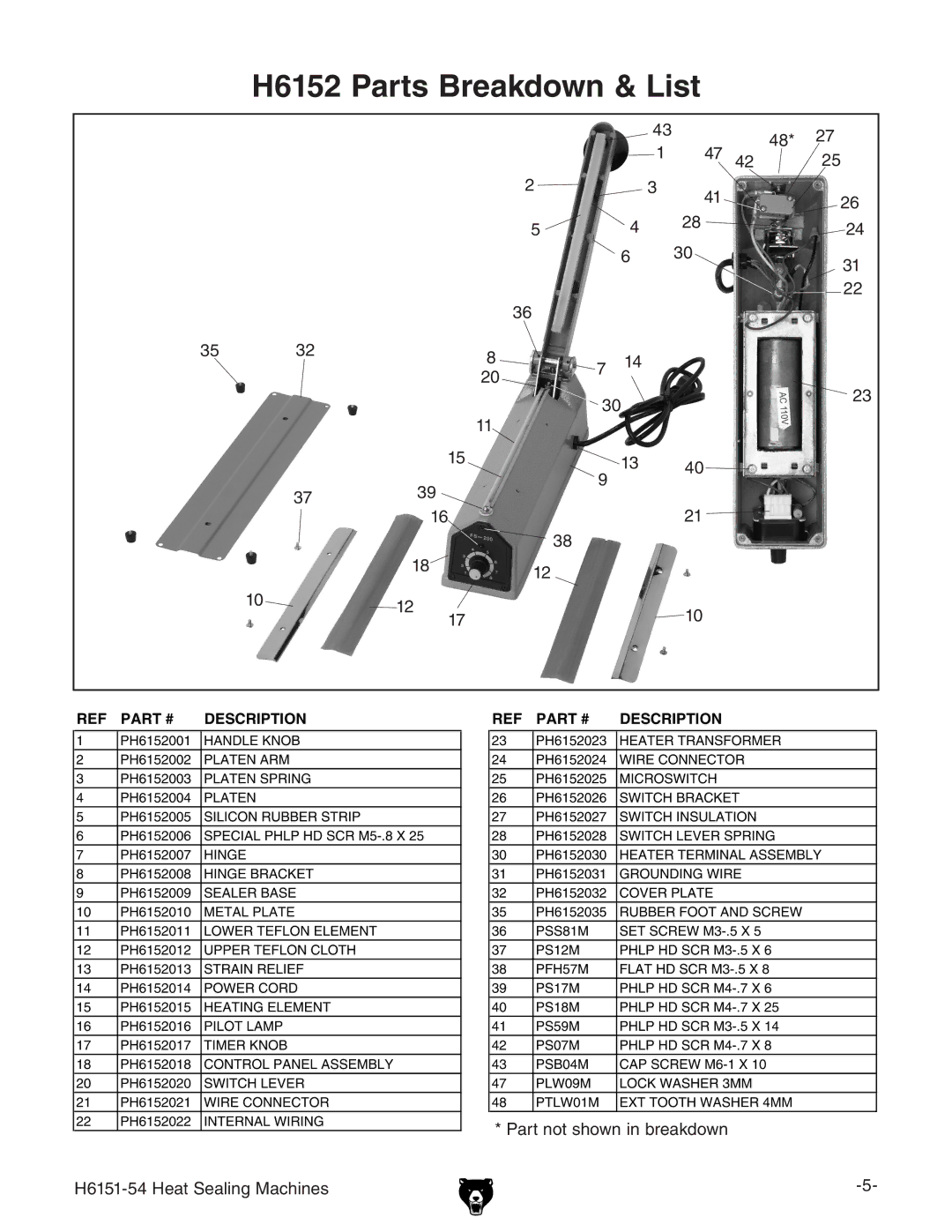 Grizzly H6151-54 specifications H6152 Parts Breakdown & List 