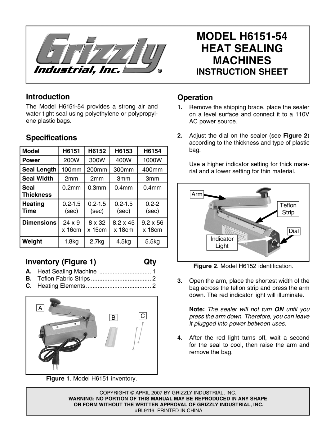 Grizzly specifications Introduction, Operation, Specifications, Inventory Figure, MODEL H6151-54, Heat Sealing, Model 