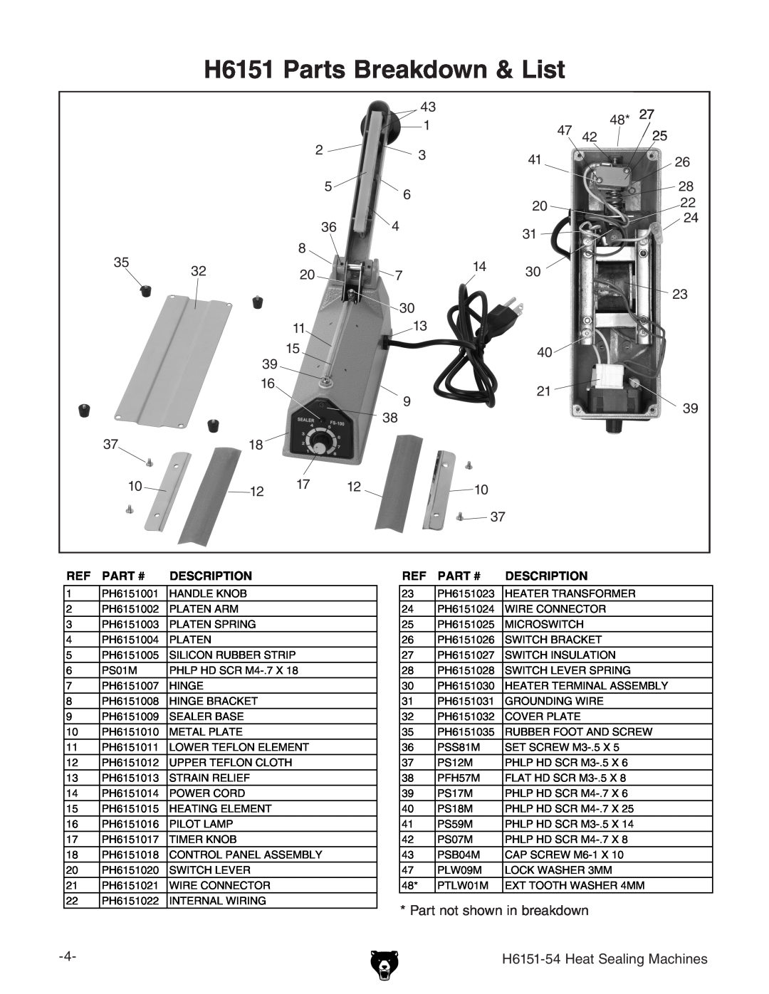 Grizzly H6151-54 specifications H6151 Parts Breakdown & List, Part #, Description 
