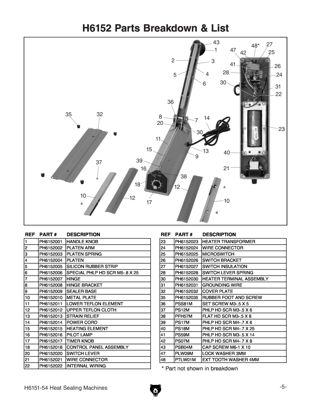 Grizzly H6151-54 specifications H6152 Parts Breakdown & List, Part #, Description 