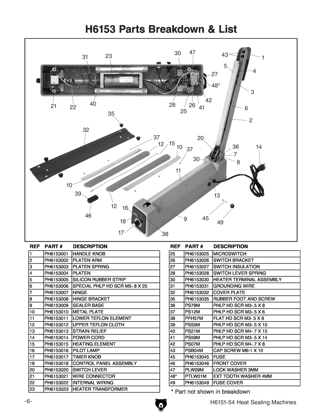 Grizzly H6151-54 specifications H6153 Parts Breakdown & List, Ref Part #, Description 