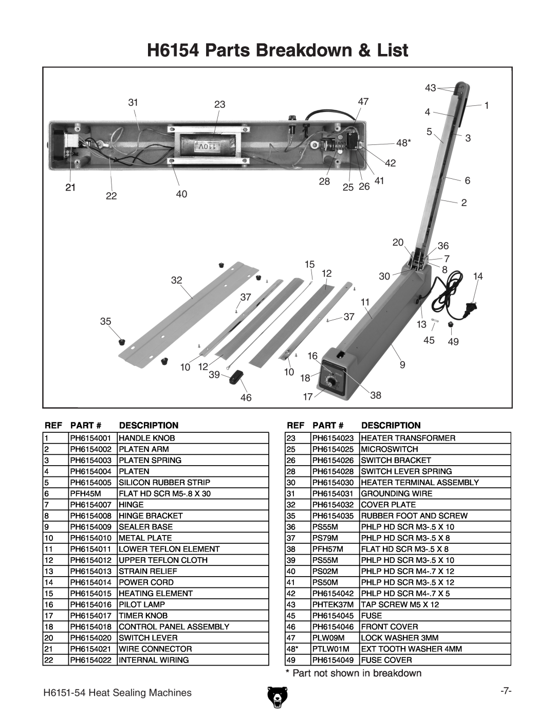 Grizzly H6151-54 specifications H6154 Parts Breakdown & List, Part #, Description 