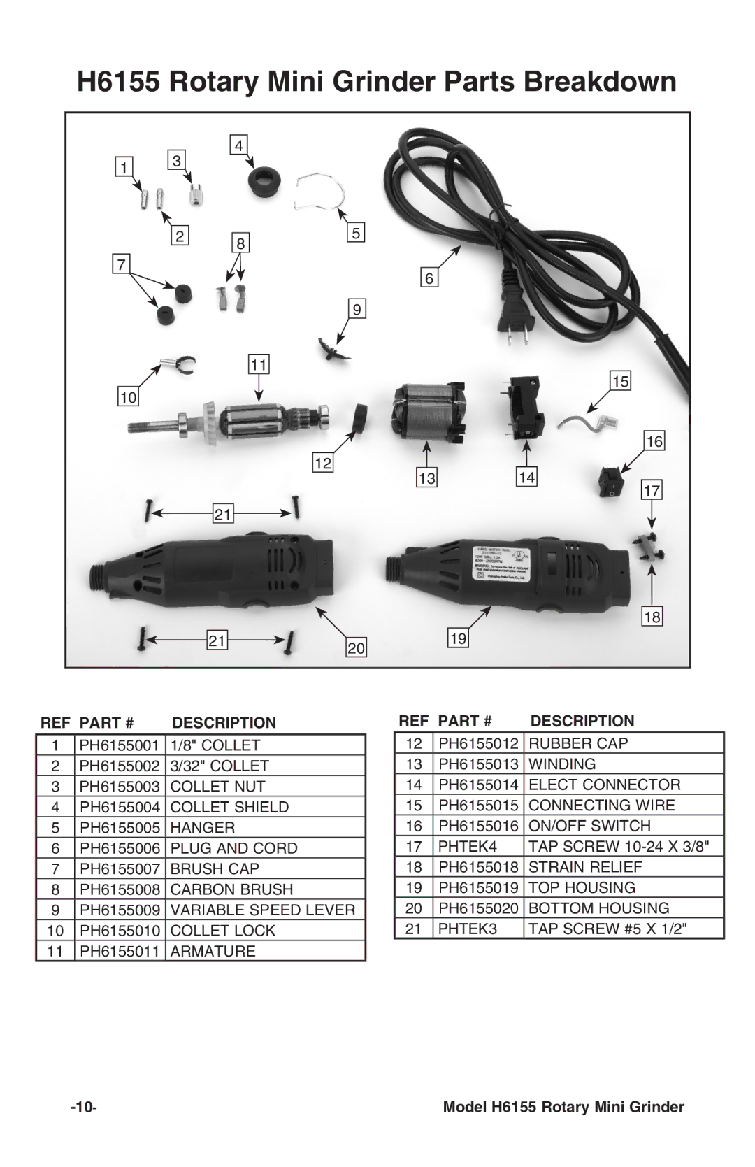 Grizzly instruction manual H6155 Rotary Mini Grinder Parts Breakdown 