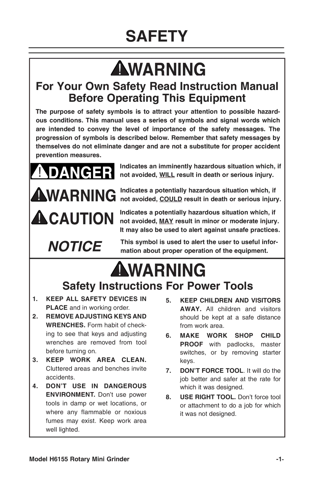 Grizzly instruction manual Safety, Mation about proper operation of the equipment, Model H6155 Rotary Mini Grinder 