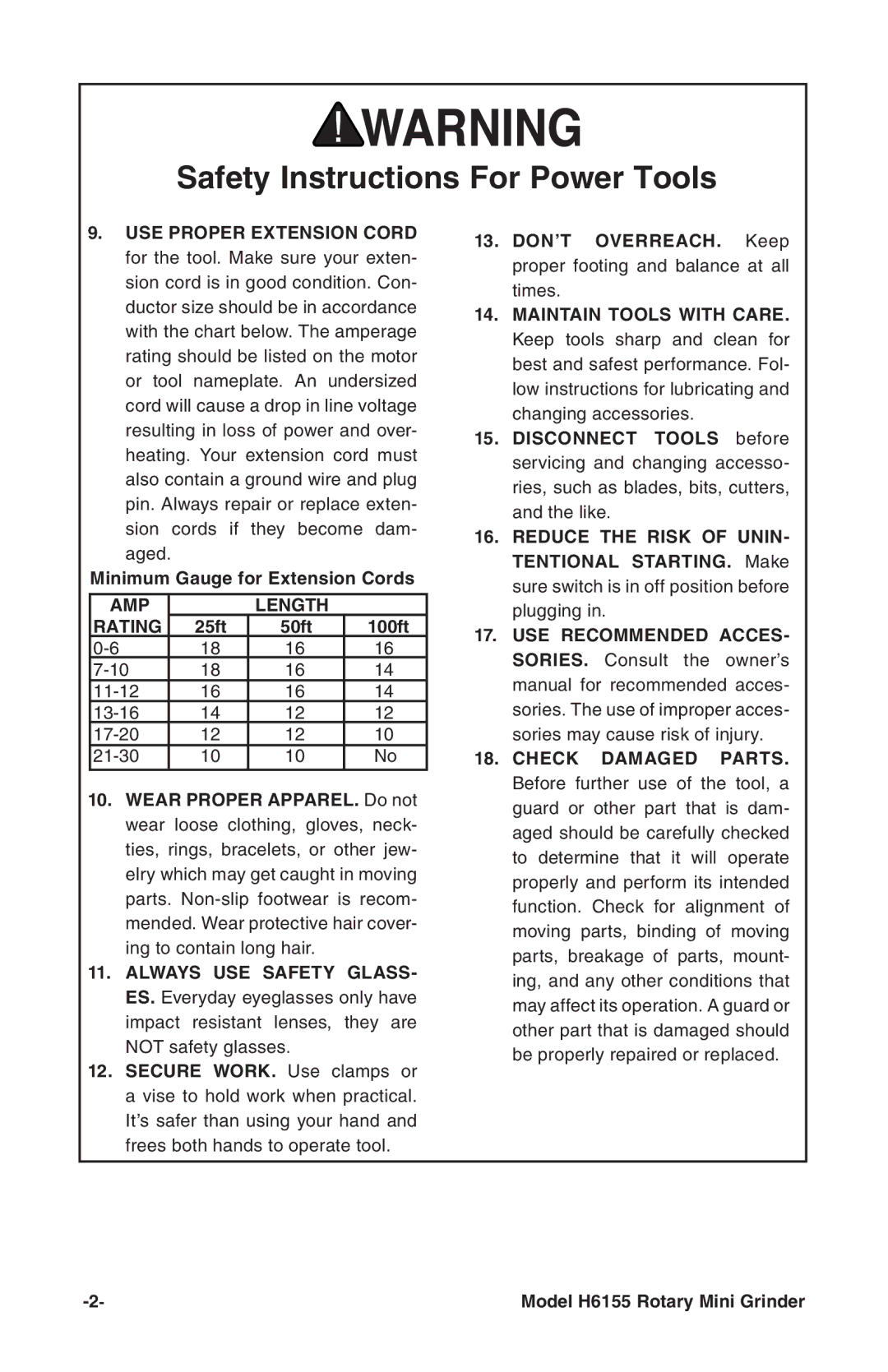 Grizzly H6155 instruction manual AMP Length Rating, 50ft 100ft 