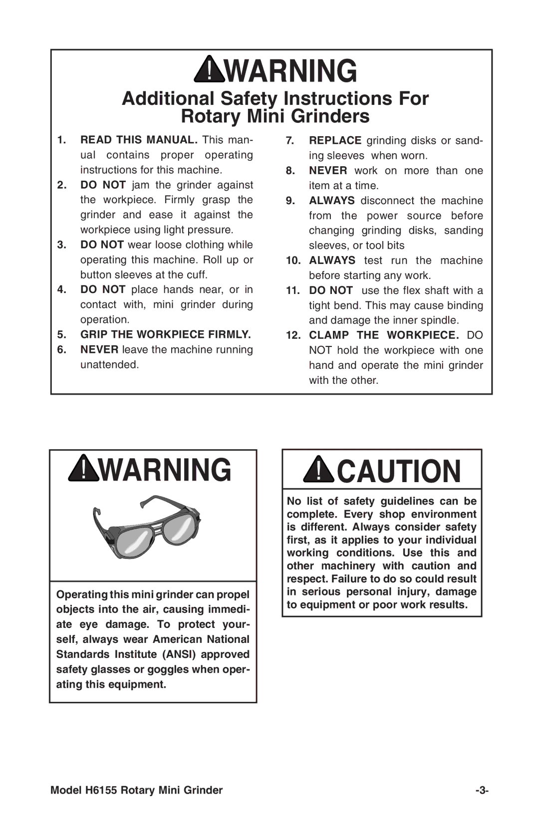 Grizzly H6155 instruction manual Additional Safety Instructions For Rotary Mini Grinders 