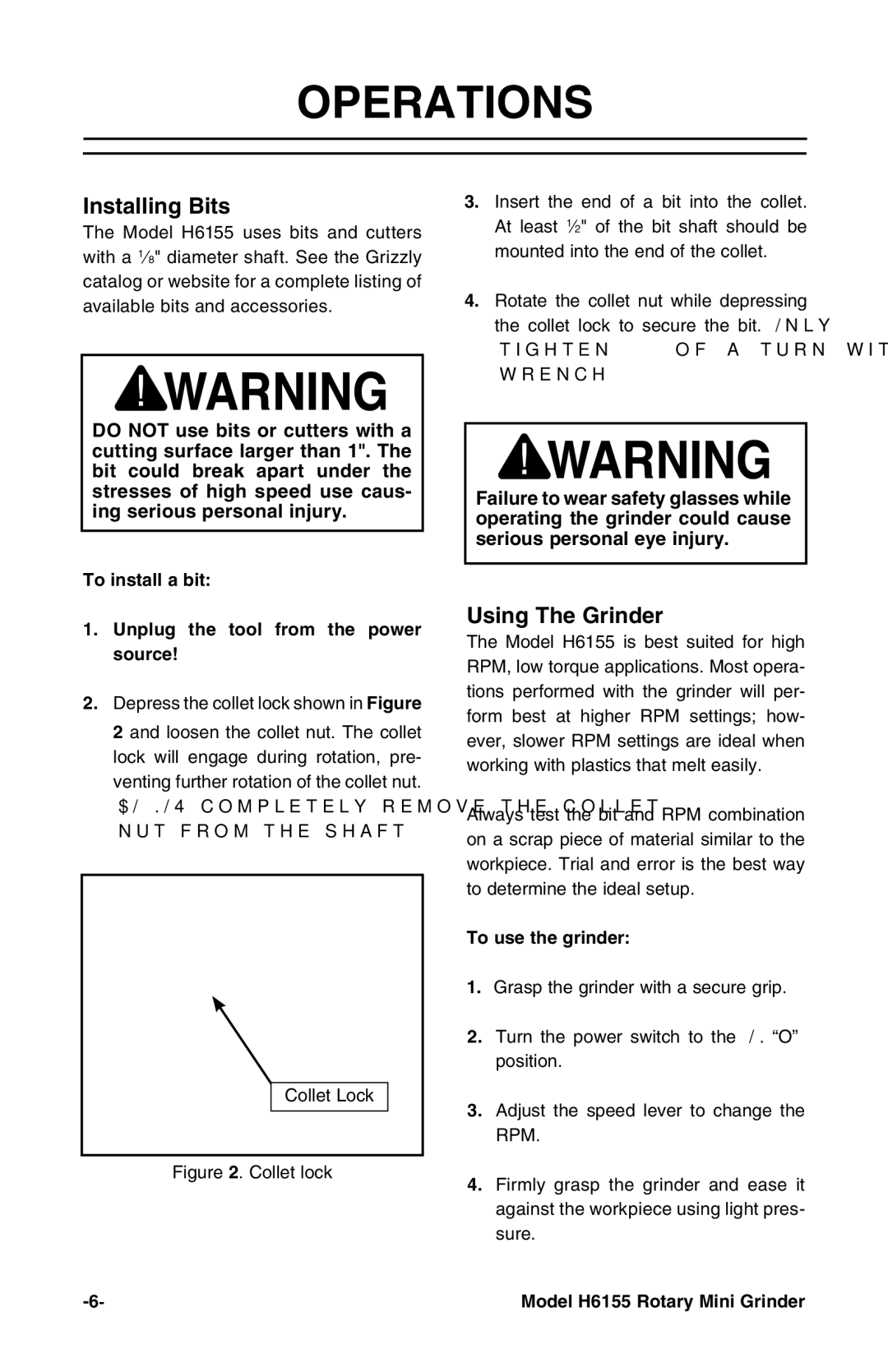 Grizzly H6155 instruction manual Operations, Installing Bits, Using The Grinder, To use the grinder 