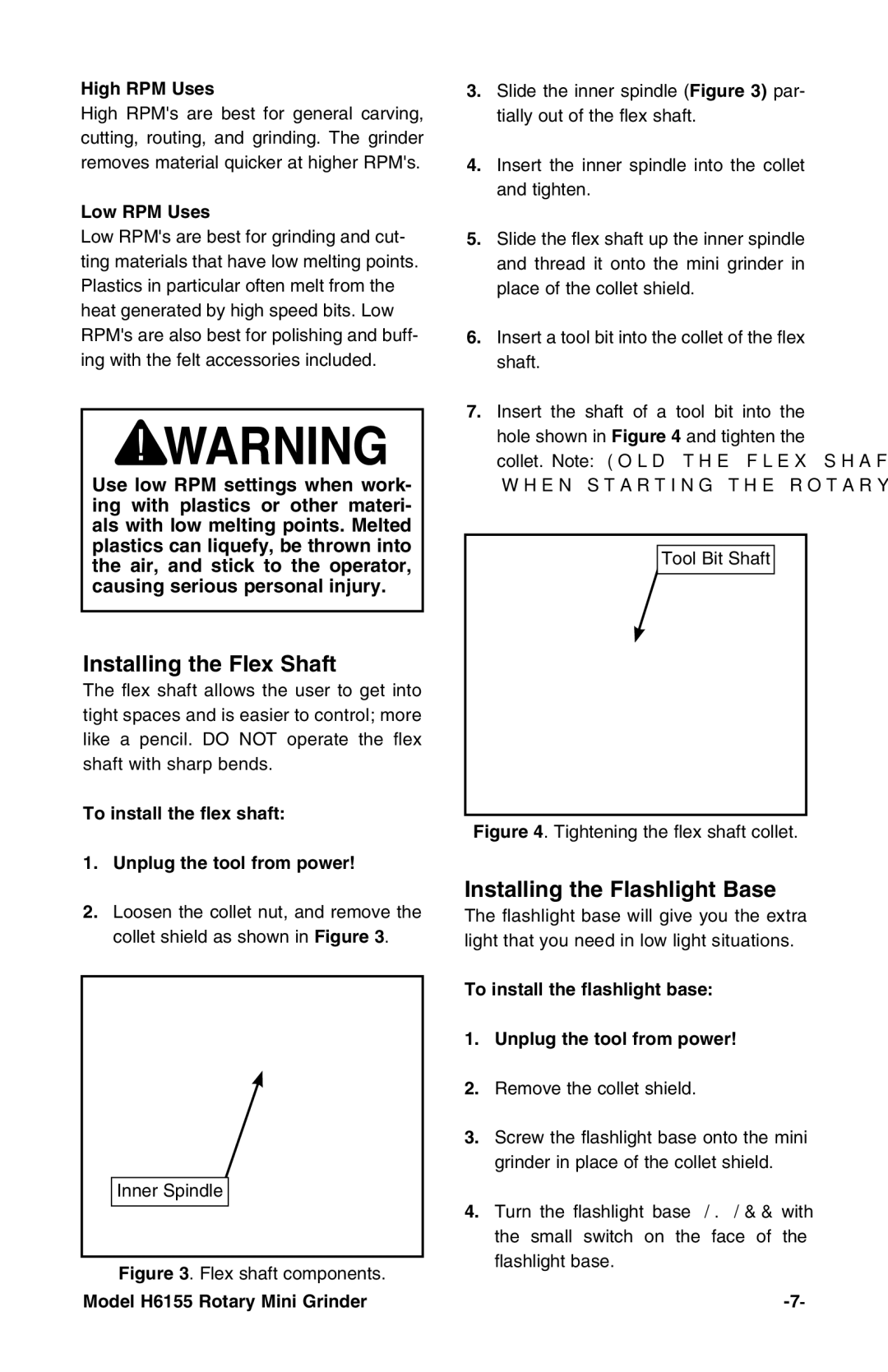 Grizzly H6155 instruction manual Installing the Flex Shaft, Installing the Flashlight Base 