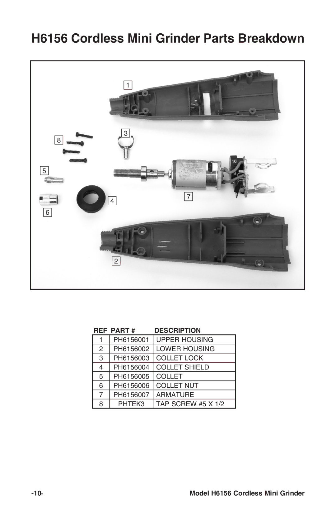 Grizzly instruction manual H6156 Cordless Mini Grinder Parts Breakdown 