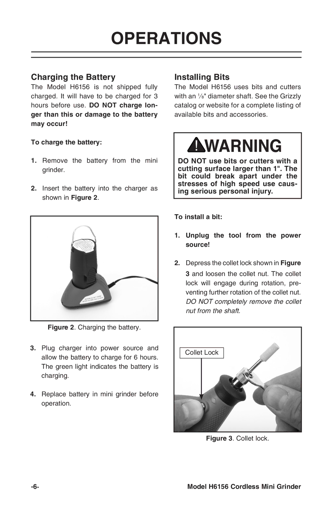 Grizzly H6156 instruction manual Operations, Charging the Battery, Installing Bits 