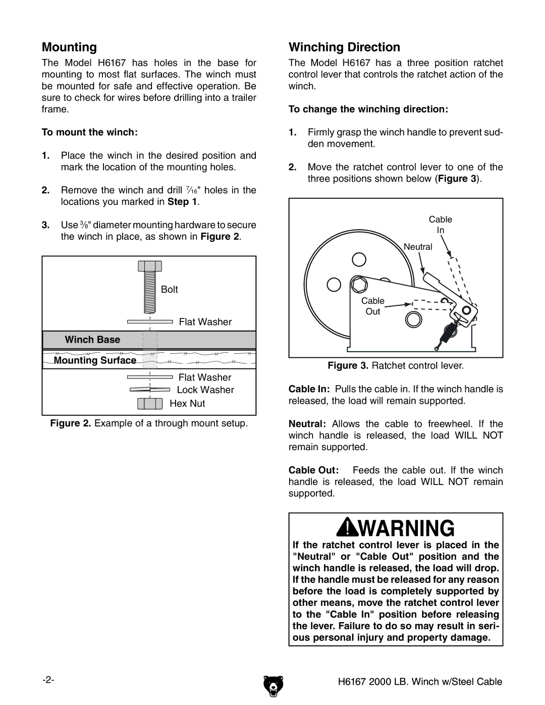 Grizzly H6167 specifications Mounting, Winching Direction 