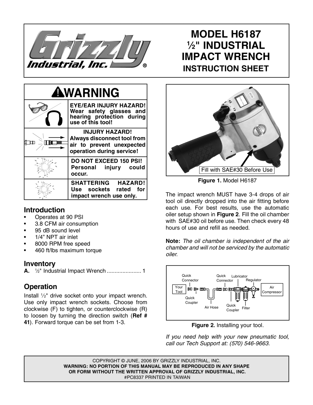 Grizzly instruction sheet Model H6187, ⁄2 Industrial, Impact Wrench, Instruction Sheet 