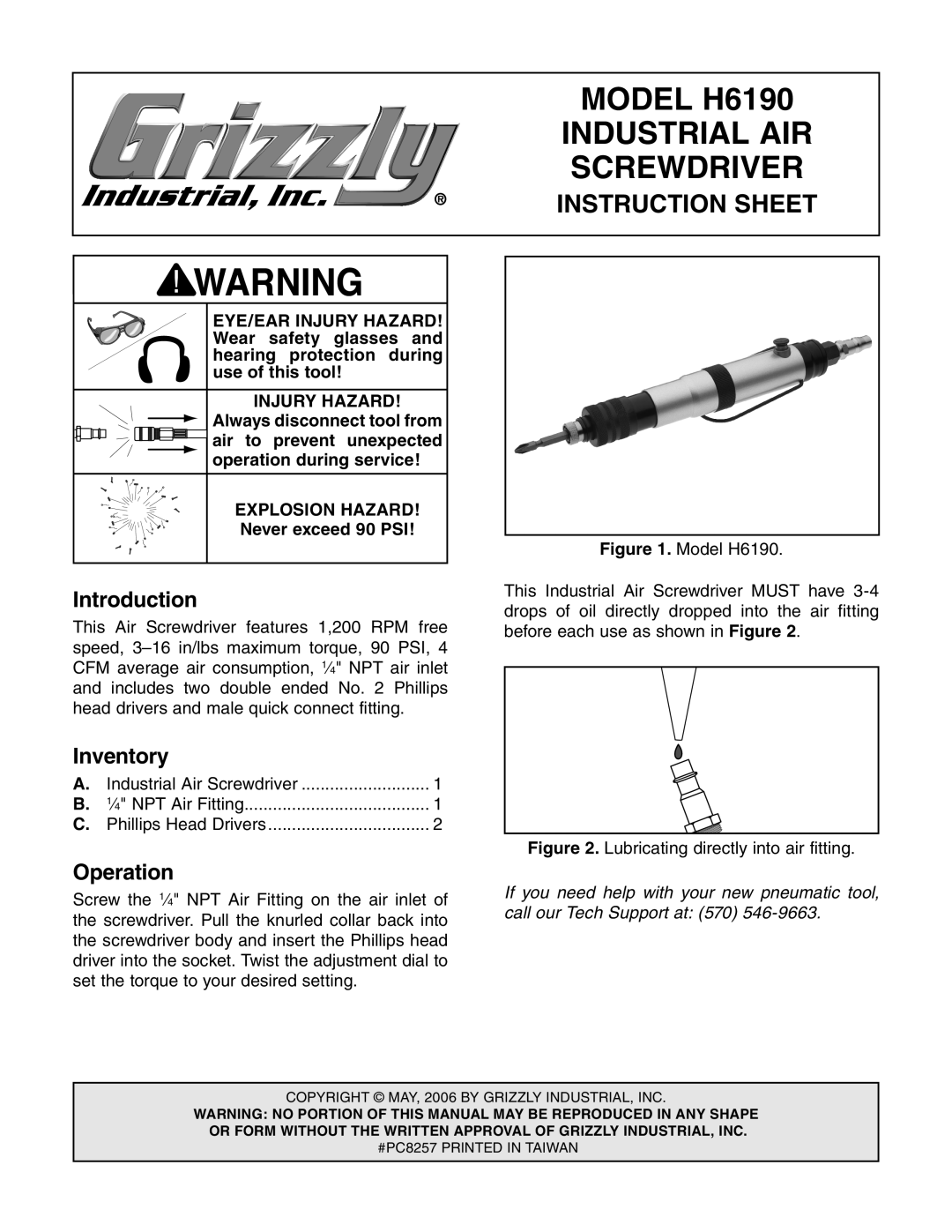 Grizzly instruction sheet Model H6190, Industrial AIR, Screwdriver, Instruction Sheet 