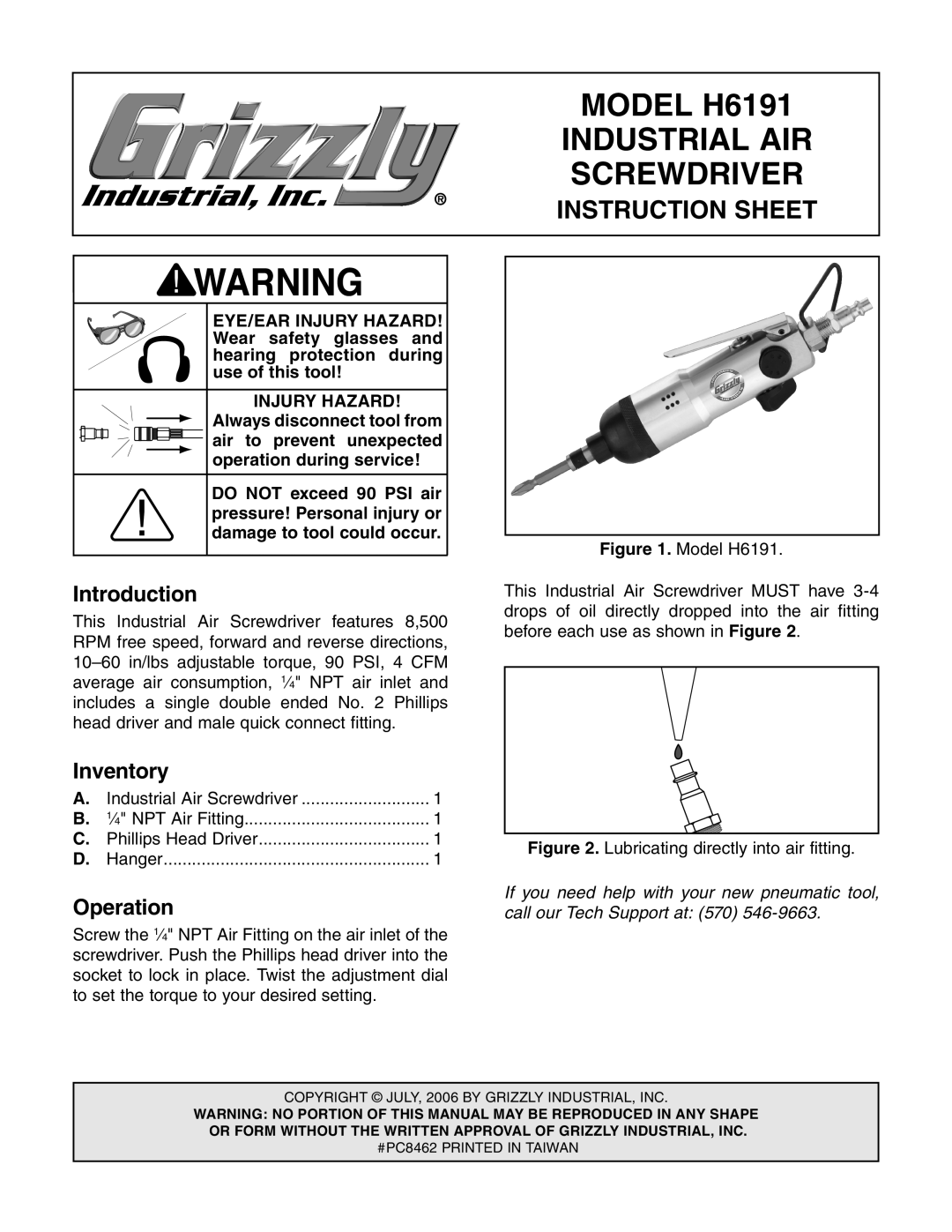 Grizzly instruction sheet Model H6191, Industrial AIR, Screwdriver, Instruction Sheet 