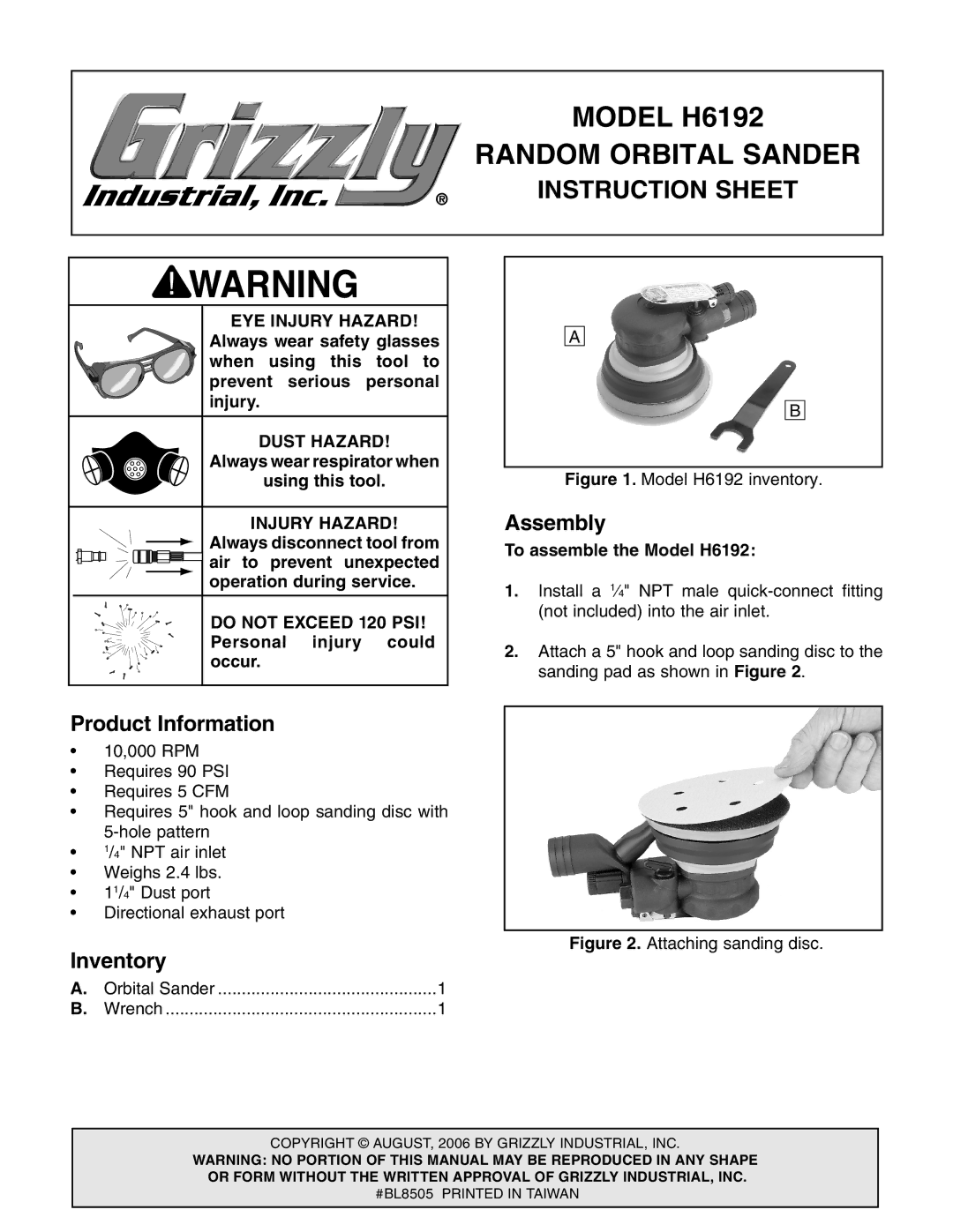 Grizzly H6192 instruction sheet Assembly, Product Information, Inventory, Always wear respirator when Using this tool 