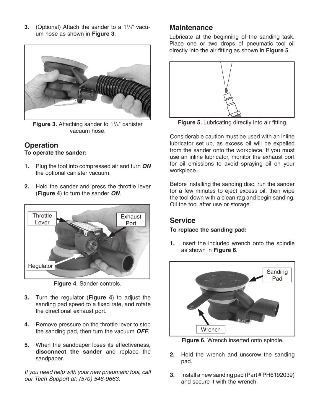 Grizzly H6192 instruction sheet Operation, Maintenance, Service, To operate the sander, To replace the sanding pad 