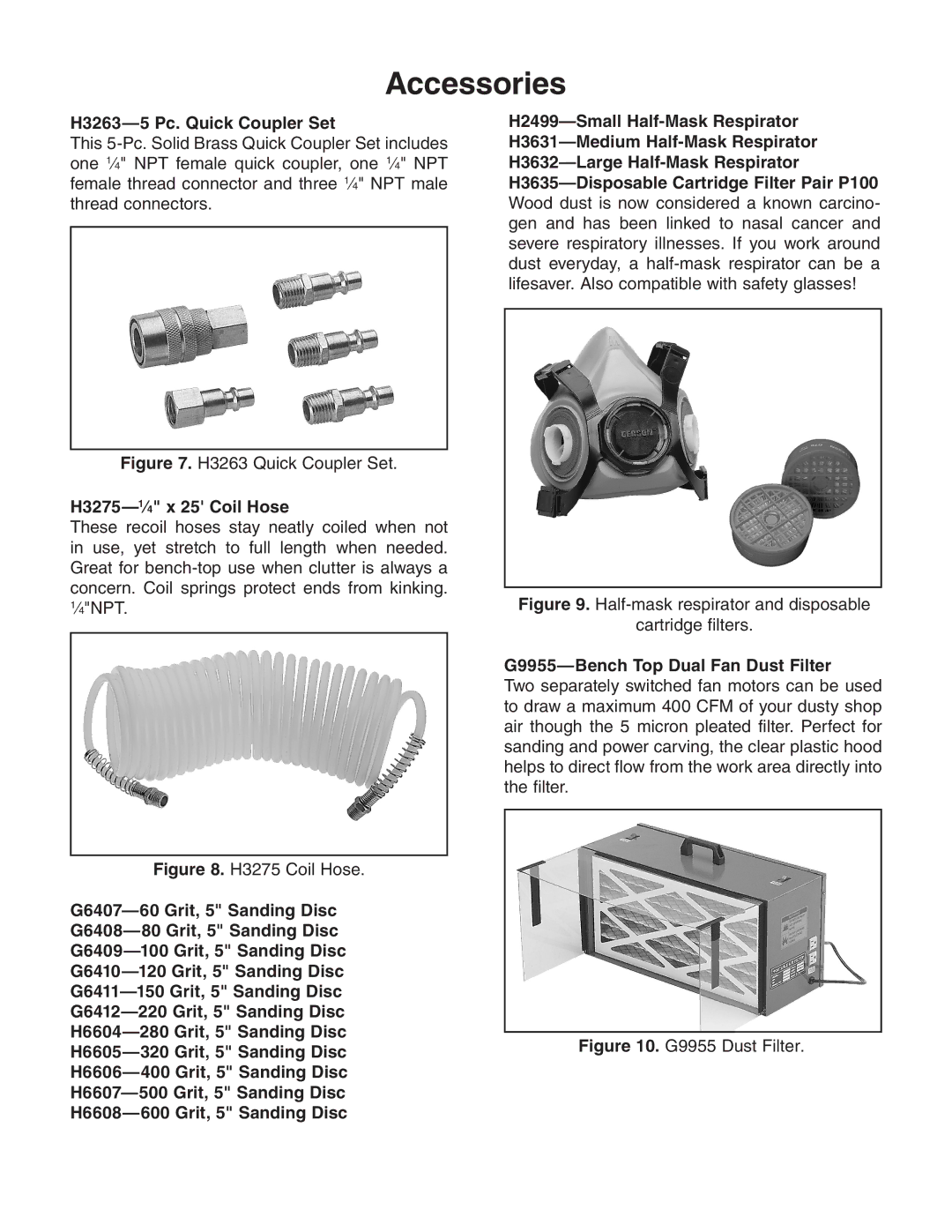 Grizzly H6192 Accessories, H3263-5 Pc. Quick Coupler Set, H3275-1⁄4 x 25 Coil Hose, G9955-Bench Top Dual Fan Dust Filter 