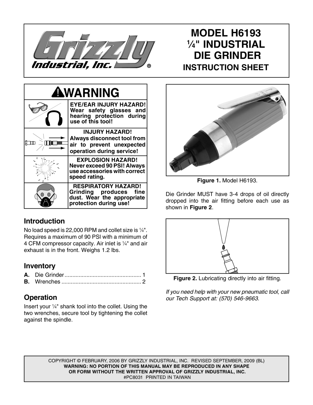 Grizzly instruction sheet MODEL H6193, 1⁄4 INDUSTRIAL, Die Grinder, Instruction Sheet, Introduction, Inventory 
