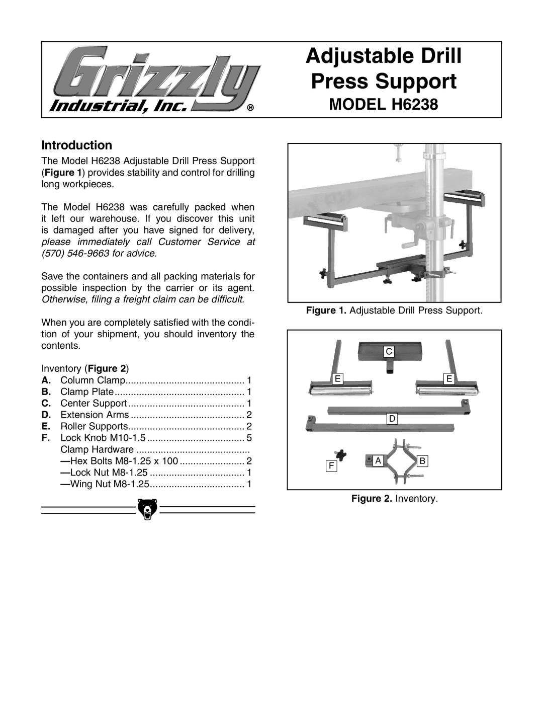 Grizzly manual Press Support, Model H6238, Introduction 