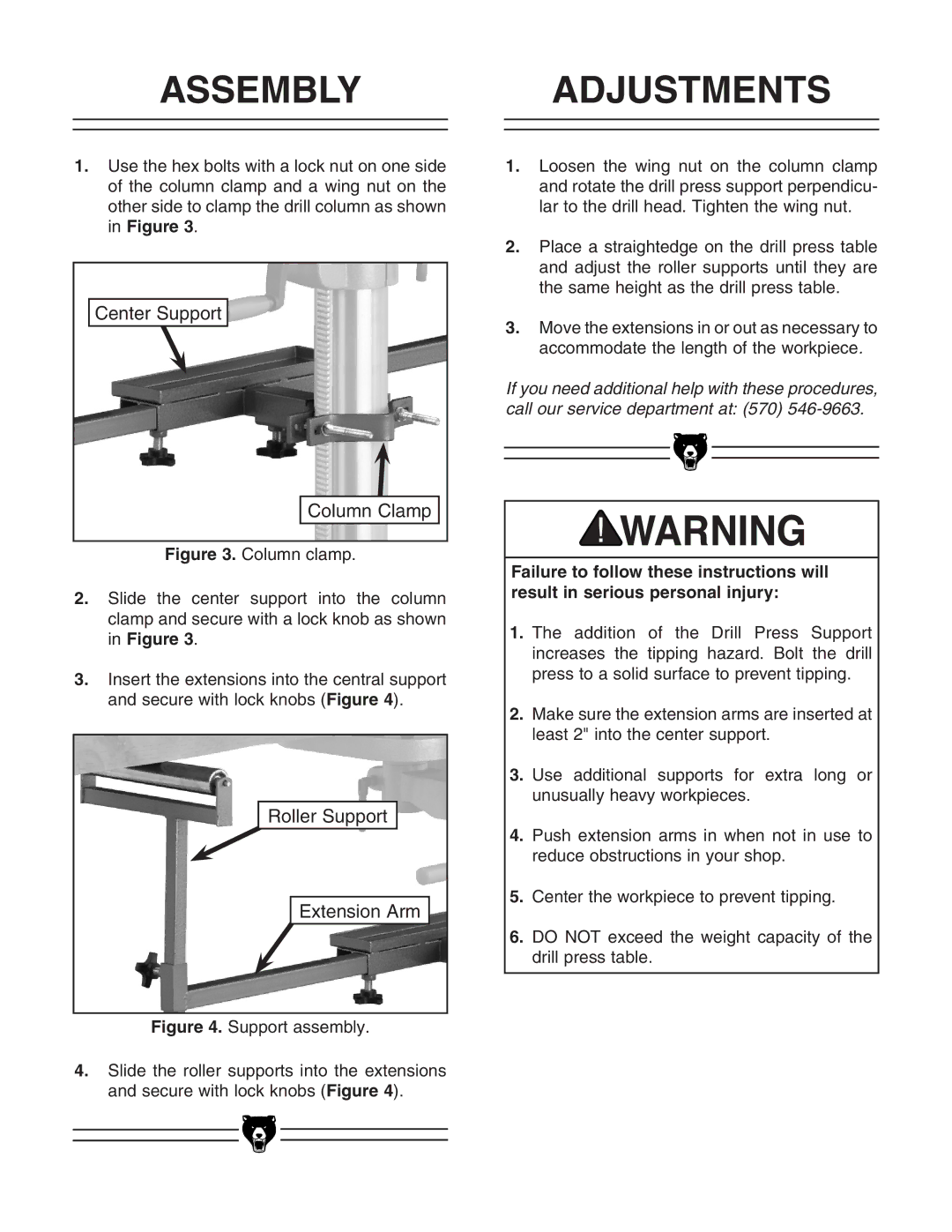 Grizzly H6238 manual Assembly Adjustments, Center Support Column Clamp, Roller Support Extension Arm 