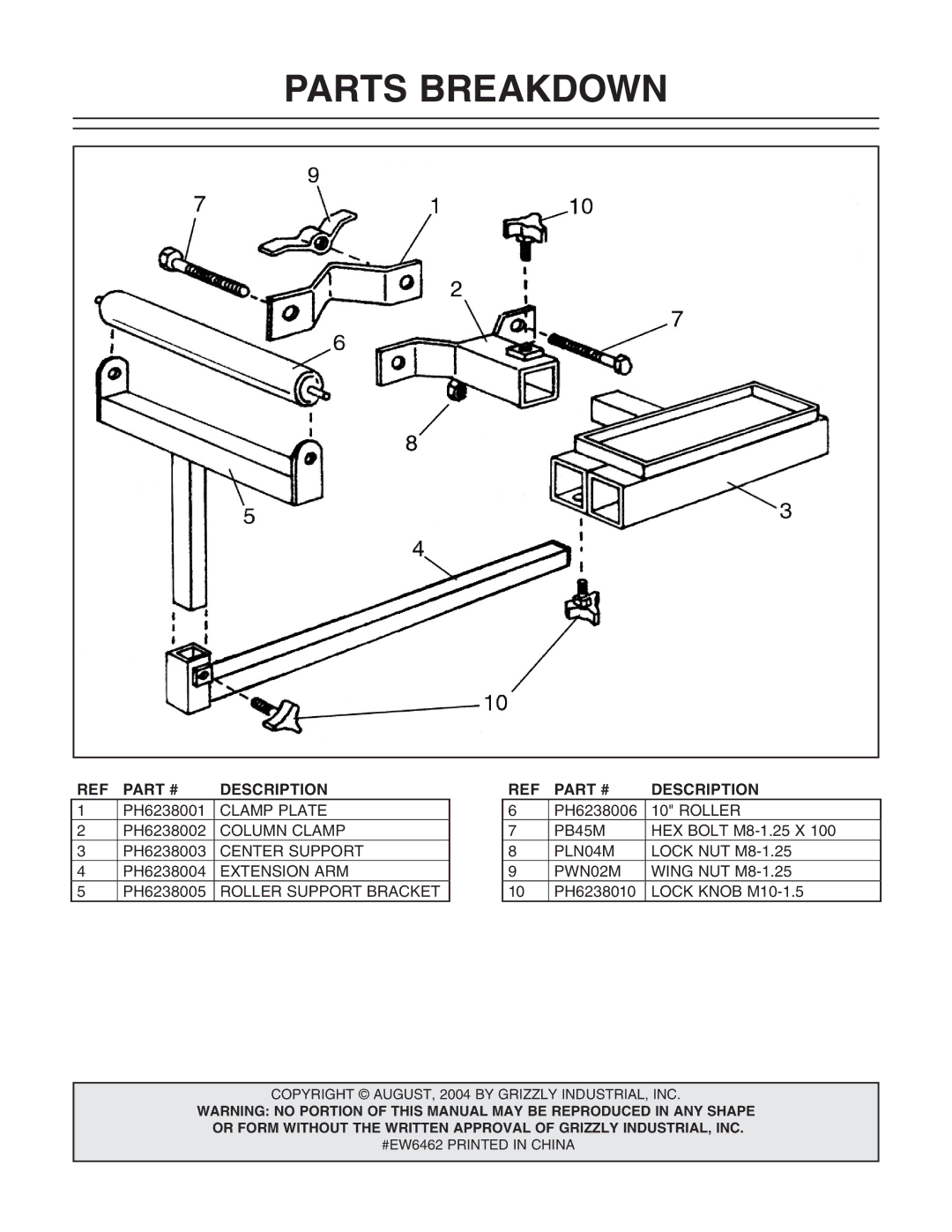 Grizzly H6238 manual Parts Breakdown, Description 