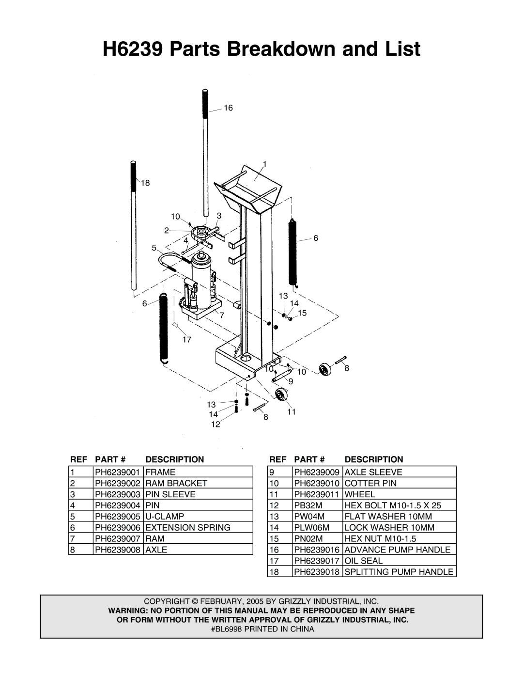 Grizzly instruction sheet H6239 Parts Breakdown and List 