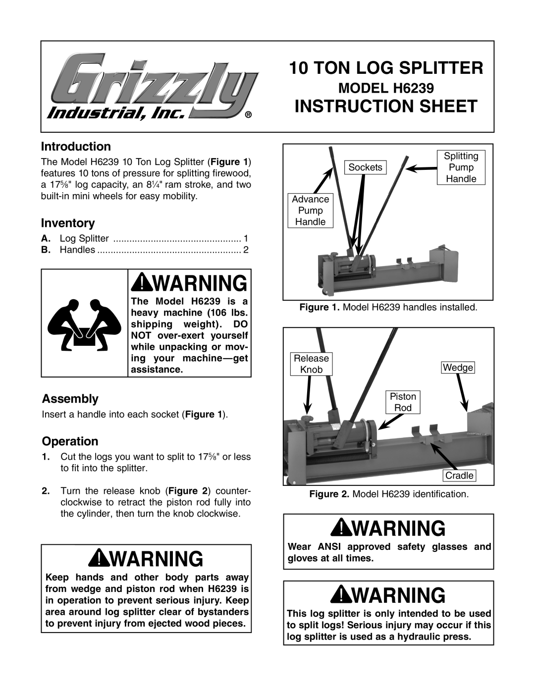Grizzly instruction sheet Introduction, Inventory, Operation, Ton Log Splitter, Instruction Sheet, MODEL H6239 